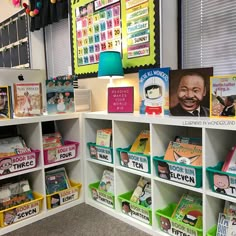 the children's bookshelves are filled with different types of books and pictures