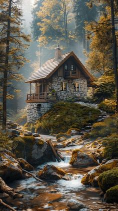 a cabin in the middle of a forest surrounded by rocks and trees, with a stream running through it