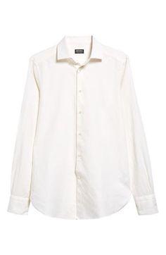 Presented in classic white, this long-sleeve button-up is crafted from a soft, breathable blend of cotton, linen and silk for year-round comfort. Front button closure Point collar Long sleeves with button cuffs 60% cotton, 25% linen, 15% silk Dry clean Made in Italy Men's Designer Clothing Mens White Button Up, Semi-formal White Cotton Shirt, White Semi-formal Cotton Shirt, White Cotton Semi-formal Shirt, White Cotton Dress Shirt For Work, Elegant White Linen Shirt, White Cotton Dress Shirt With Button Cuffs, White Cotton Dress Shirt With Fold-down Collar, Formal White Linen Shirt