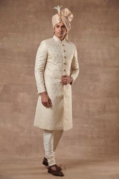 Shop for Gargee Designers White Silk Brocade Sherwani Set for Men Online at Aza Fashions Brocade Sherwani Men, Ivory Sherwani, Indian Wedding Clothes For Men, Embroidered Beads, Chakra Art, Wedding Clothes, Embroidered Collars, Silk Brocade, Pants For Men