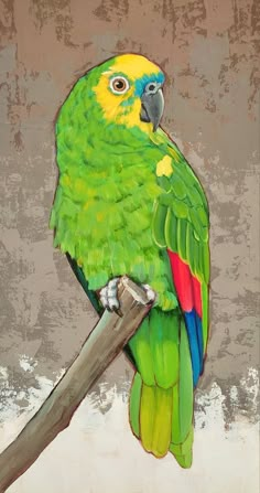 a painting of a green parrot perched on a branch