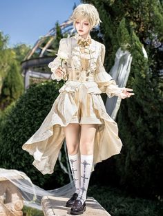 Champagne Ouji Lolita Prince Outfit Ruffle Neckline Long Sleeves Shirt + Striped Pattern Overall Shorts Dollcore Outfits, Prince Outfit, 2025 Wardrobe, Otome Fashion, Steampunk Fashion Female, Steampunk Fashion Male, Gothic Skirts, Lolita Outfits