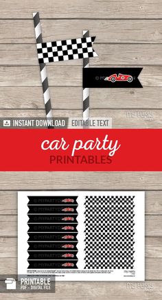 car party printables with checkered flags and ribbons on wood background - miscellaneous items