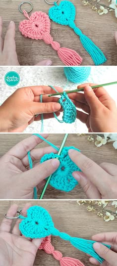 the crochet flower is being worked on by someone using yarn to make it