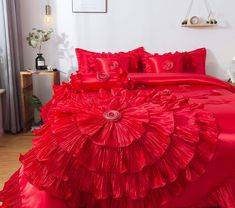 PRICES MAY VARY. Chic design: a chic design that is sure to add a bold statement to your bedroom with a rich solid bright bold red color. Comfort and warmth: this satin queen comforter set has a soft and cozy inner lining, and is thick enough to keep you warm throughout the year Flowing layered pleated ruffles all around the comforter and pillow covers. It has a large bright red rose as the centerpiece and small roses around the design. Care instructions: Dry clean preferred, wash on cold delica Pretty Beds, Rose Comforter, Bathroom Things, Ruffle Comforter, Luxury Beds, Wedding Bed, Round Bed, Bedspreads Comforters, Designer Bed Sheets