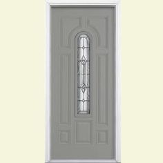 a gray door with a glass window on it