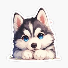 a husky dog with blue eyes laying down on the ground stickers are also available for sale