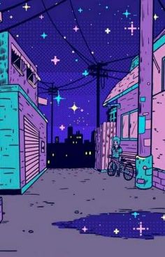 a black and white drawing of an alleyway at night with stars in the sky