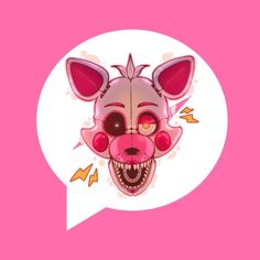 a pink background with an image of a cartoon animal's face in a speech bubble