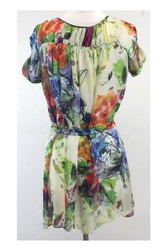 Size 4 TB 1 Multi-Color Watercolor Floral Silk Dress Slips on w/waist tie Short sleeves Elastic detail on bust & sleeves Loose & flowing Shoulder to hem 37" Multicolor Belted Dress For Spring, Multicolor Summer Dress With Tie Waist, Multicolor Belted Summer Dress, Multicolor Flowy Dress With Tie Waist, Fitted Multicolor Dress With Tie Waist, Multicolor Sleeveless Belted Dress, Multicolor Belted Sleeveless Dress, Floral Silk Dress, Tie Shorts