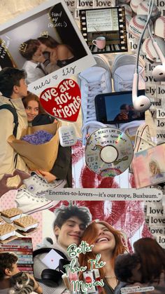 the collage has many different pictures and words on it, including an image of two people