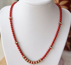 Red Coral Necklace With Rhinestone Spacers by SunMoonJewels, $39.95 Elegant Red Beaded Necklaces With Stones, Elegant Red Beaded Necklace With Stones, Ruby Jewelry Necklaces, Ornaments Making, Coral Jewelry Set, Semi Precious Necklace, Mangal Sutra, Simple Jewellery, Mangalsutra Design