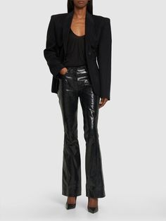 Front button and concealed zip closure. Belt loops. Three front pockets. Model is wearing a size36 Snake Leather, Flared Pants, Flare Pants, Black Pants, Black Women, Pants, Leather, How To Wear, Black