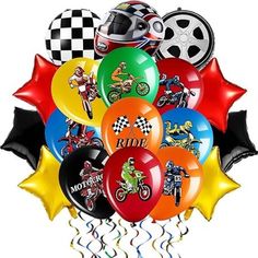 a bunch of balloons that are in the shape of race cars and motorcycles on them