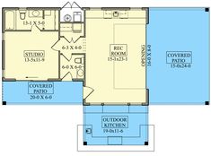 the floor plan for a small house with two bathrooms and an attached kitchen area,