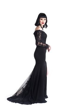 Apparition Gown — Bête Noire | Gothic Couture Fitted Gothic Ball Gown For Prom, Fitted Black Evening Wedding Dress, Black Evening Dress With Detachable Train, Black Off-shoulder Dress With Sweep Train, Gothic Evening Ball Gown, Halloween Evening Dress With Boned Bodice, Elegant Formal Gown For Halloween, Fitted Gothic Evening Dress For Wedding, Fitted Gothic Black Ball Gown