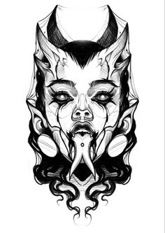 a black and white drawing of a demon's face with horns on its head