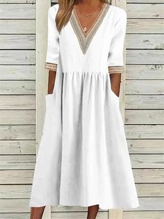 Women's Casual Dress Cotton Linen Dress Midi Dress Patchwork Basic Daily V Neck Half Sleeve Summer Spring White Navy Blue Plain 2024 - ZAR R603 Neck Bandage, Fresh Dress, Cotton Dress Summer, Half Sleeve Dresses, Korean Dress, Puff Sleeve Dresses, Dress Cotton, Dress Midi, Evening Attire