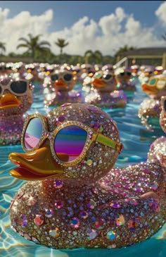 many rubber ducks wearing sunglasses floating in a pool