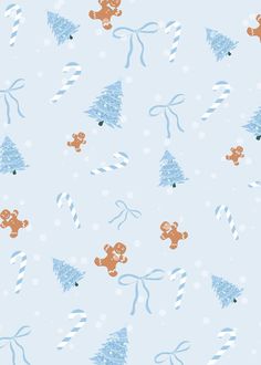 a blue and white background with candy canes, teddy bears and christmas trees on it