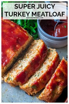 slices of meatloaf bread with ketchup and lettuce on the side