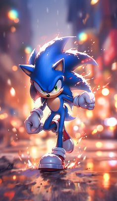 sonic the hedgehog is running in front of a cityscape with bright lights