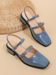 Women's Mary Jane Chunky Heel Shoes With Square Toe, Ankle Strap Buckle Closure, Suitable For Skirts Dusty Blue         Women Shoes, size features are:Bust: ,Length: ,Sleeve Length: Cute Close Toed Shoes, Dusty Blue Heels, Blue Mary Janes, Red High Heel Sandals, Blue Dress Shoes, Shein Shoes, Ankle Strap Chunky Heels, Zapatos Mary Jane, Chunky Heel Shoes