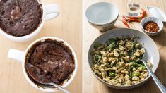 two pictures showing the process of making chocolate cake in mugs and bowls with spoons