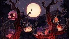 an image of many cats in the woods at night time with full moon behind them