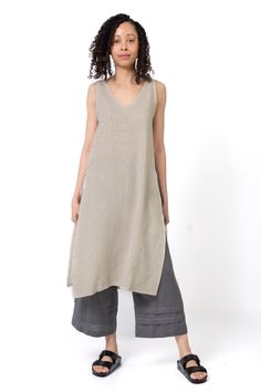 Linen Top - maxi tank reverses front-to-back with a v neck and scoop neck on either side.  3.5 oz linen.  soft a-line to hem, with waist-high side slits.  flattering center seam.  gently machine or hand wash cold water, hang to dry.  tumble on low heat if desired. Chic Linen V-neck Tank Top, Linen Dress With Side Slits, Spring Linen Dress With Side Slits, Sleeveless Linen Dress With Side Slits, Artful Home, Linen Top, Mid Calf, Fashion Inspo Outfits, Fabric Care