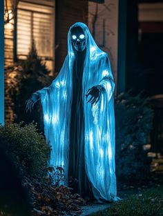 a lighted ghost standing in front of a house