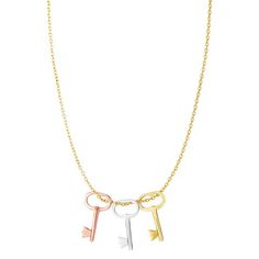 14k 3 Color Yellow White And Rose Gold Key Charms Necklace, 18" Pink Gold Necklace, Silver Heart Jewelry, Key Charm Necklace, Necklaces White, Fine Gold Necklace, Key Charms, Multi Coloured Necklaces, Gold Key, Charms Necklace