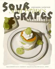 an advertisement for some sort of dessert on a plate with fruit in the background and text that reads sour cremes grapes