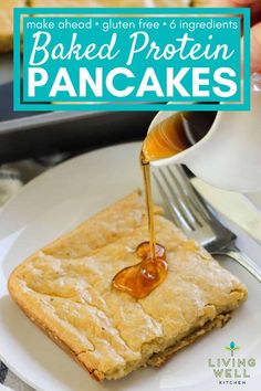 a person pouring peanut butter onto a piece of bread on a plate with the words make ahead gluen free ingredients baked protein pancakes