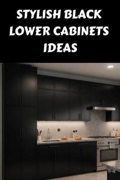 Stylish modern kitchen with black lower cabinets and granite countertops. Hardware On Black Cabinets, Black Cabinet Hardware, Cabinets Ideas