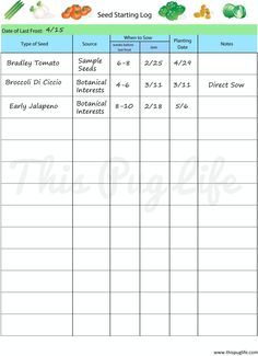 the seed starting log is shown with vegetables and other things to eat on it, including carrots