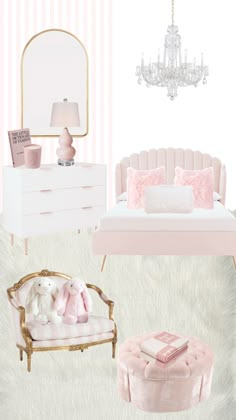 a pink and white bedroom with gold accents