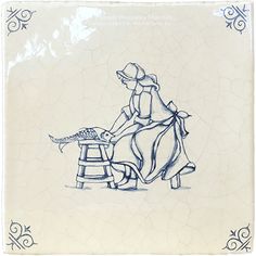 a drawing of a woman sitting on top of a stool next to a small table