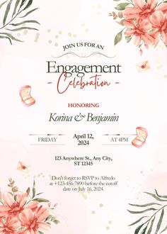 an engagement celebration with pink flowers and greenery on the front, in watercolor