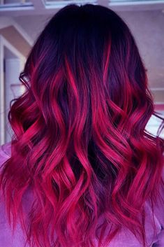 Red Hair With Purple Peekaboos, Fuschia Balayage, Purple To Red Hair, Red And Blue Hair Ombre, Red And Purple Hair Color Ideas, Red And Violet Hair, Red Hair With Purple Highlights, Red And Purple Hair Color, Pinky Red Hair