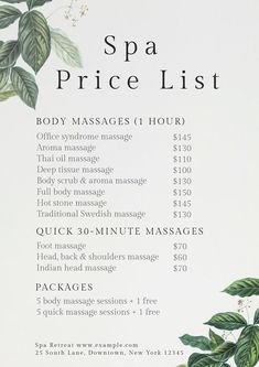 the spa price list is shown with green leaves