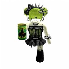 an image of a creepy doll holding a can of booze and wearing punk clothing