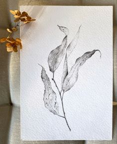 a black and white drawing of two leaves on a piece of paper next to some dried flowers