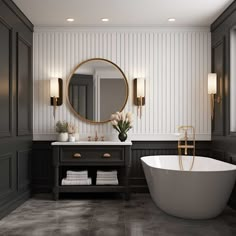 a bathroom with a bathtub, sink and mirror on the wall next to it