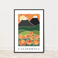 an orange and green poster with the words california in black frame on a white wall