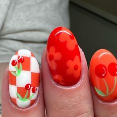 ALYSSA - Syracuse Nail Tech on Instagram: "🌸🍒🏁♥️  @mad.mad.nails inspo.   #nails #rednails #summernails #cherrynails" Cherry Design Acrylic Nails, Acrylic Nails Cherries, Fruit Nail Designs Acrylic, Cherrie Nails Design, Nails Gucci, Nails With Cherries Art Designs, Rockabilly Nails, Adorable Nails, Retro Nails