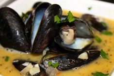 a white bowl filled with mussels covered in broth