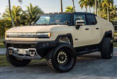 a white truck parked in front of palm trees