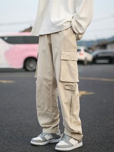 Beige Street Collar  Fabric Plain Cargo Pants Embellished Non-Stretch  Men Bottoms Cargos Mens Outfit, Cargo Pants Men Beige, Khaki Cargos Men, Beige Fashion Men, Cargo Pants Man Outfit, Cargo Pant For Men, Cargo Pants Style Man, Beige Cargos Men, Aesthetic Pants Men