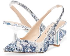 Blue by Betsey Johnson Clark Royal Heels, Blue And White Heels, Silver Kitten Heels, Blue Wedding Decorations, Flower Heels, Blue By Betsey Johnson, Ballerina Heels, Aesthetic Clothing Stores, Into The Blue